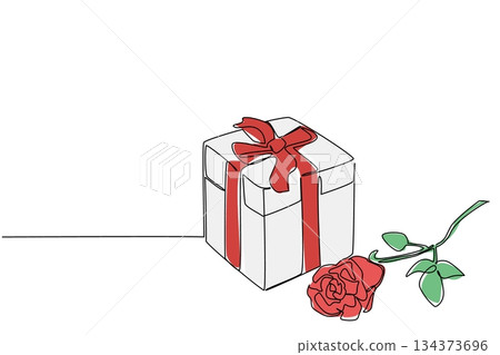 Continuous line drawing of a white gift box with a red ribbon wrapped and bow, lying next to a vibrant red rose, symbolizing a romantic gesture or special occasion.  Ideal for National Red Rose Day 134373696