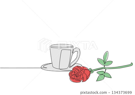 Single line drawing of vibrant red rose lying beside a coffee cup on a saucer, symbolizing a romantic morning, thoughtfulness, and simple pleasures. Floral composition for National Red Rose Day Single line drawing of vibrant red rose lying beside a coffee cup on a saucer, symbolizing a romantic morning, thoughtfulness, and simple pleasures. Floral composition for National Red Rose Day 134373699