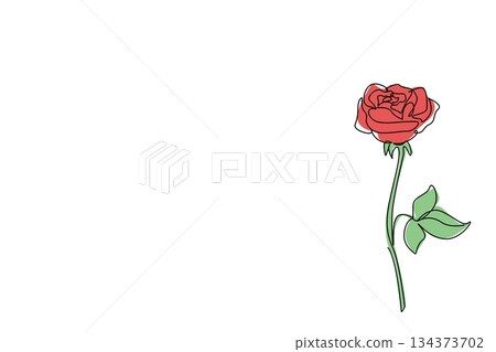 Single line drawing of a vibrant red rose with a long stem and green leaves positioned to the right, symbolizing focused affection and natural elegance. Nature concept of National Red Rose Day Single line drawing of a vibrant red rose with a long stem and green leaves positioned to the right, symbolizing focused affection and natural elegance. Nature concept of National Red Rose Day 134373702
