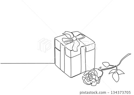 Continuous line drawing shows a wrapped gift box with ribbon and a rose beside it for National Red Rose Day, symbolizing love, beauty, and affection in a minimalist art concept of modern celebration. Continuous line drawing shows a wrapped gift box with ribbon and a rose beside it for National Red Rose Day, symbolizing love, beauty, and affection in a minimalist art concept of modern celebration. 134373705