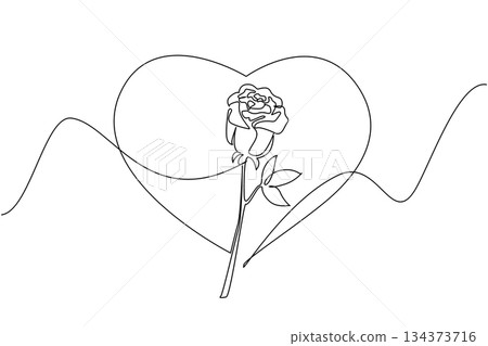 Continuous line drawing features a heart with a rose inside, celebrating National Red Rose Day through a romantic art concept symbolizing pure love, beauty, and harmony in minimalist design. 134373716