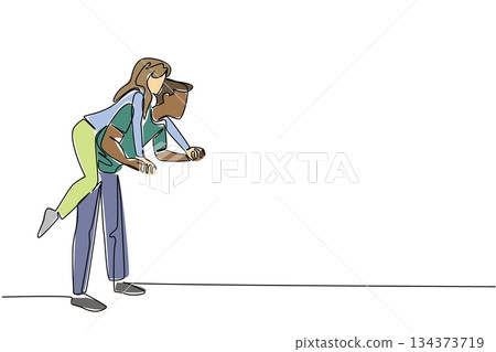 Single line drawing of diverse man giving woman piggyback lean ride, with a dynamic pose, symbolizing energetic love, shared adventure, and mutual enjoyment. Side view. National Loving Day event Single line drawing of diverse man giving woman piggyback lean ride, with a dynamic pose, symbolizing energetic love, shared adventure, and mutual enjoyment. Side view. National Loving Day event 134373719