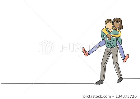 One line draw of diverse man giving woman piggyback ride on walk, both smiling, showing playful affection, support, and shared happiness. National Loving Day of support and lifelong partnership 134373720