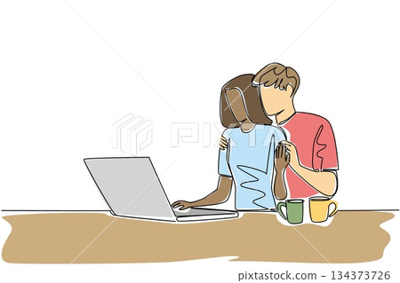 Continuous line draw of partners collaborate and connect, perfect for National Loving Day about companionship, respect, and shared goals. Together with table with laptop and coffee mug work from home Continuous line draw of partners collaborate and connect, perfect for National Loving Day about companionship, respect, and shared goals. Together with table with laptop and coffee mug work from home 134373726