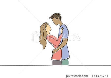 Continuous line draw of diverse couple embracing and gazing into each other eyes, showing intimacy, deep connection, and mutual affection. National Loving Day about commitment, acceptance, and future 134373731