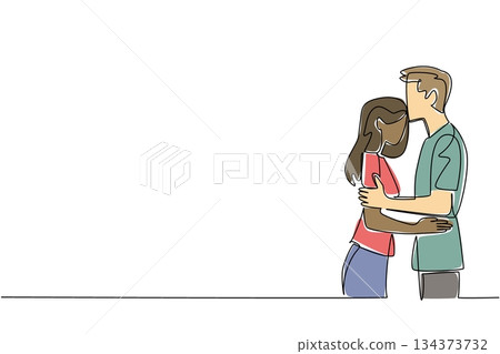 Single line draw of diverse couple, with man embracing woman and kissing her forehead, symbolizing tenderness, affection, and deep connection. National Loving Day celebrating interracial marriage Single line draw of diverse couple, with man embracing woman and kissing her forehead, symbolizing tenderness, affection, and deep connection. National Loving Day celebrating interracial marriage 134373732