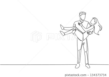 One line drawing of a man holding his partner in his arms for National Loving Day symbolizes affection, tenderness, and emotional closeness through a minimalist relationship art concept. 134373734