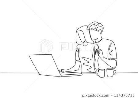 Continuous line drawing of a man and woman with a laptop celebrates National Loving Day, symbolizing love, partnership, and modern unity through a minimalist lifestyle art concept. 134373735