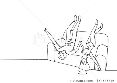 One line drawing of a man and woman relaxing upside down on a couch for National Loving Day symbolizes couple joy, comfort, and equality through a minimalist art concept of playful love and happiness. 134373746