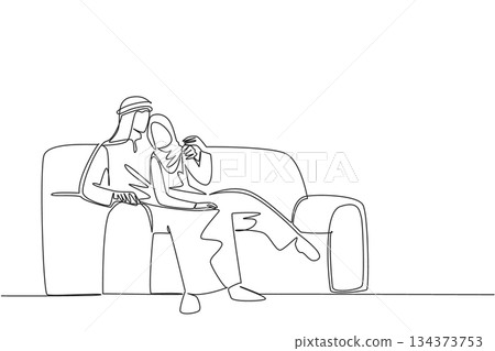 One line drawing shows an Arab couple sitting affectionately on a sofa talking and discussing life. Capturing warmth, closeness, and devotion in the love concept for National Loving Day celebration. One line drawing shows an Arab couple sitting affectionately on a sofa talking and discussing life. Capturing warmth, closeness, and devotion in the love concept for National Loving Day celebration. 134373753