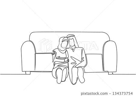 Continuous line drawing features an Arab couple sitting together on floor by a couch, talking and discuss. Symbolizing calm love, comfort, and harmony under the love concept of National Loving Day. Continuous line drawing features an Arab couple sitting together on floor by a couch, talking and discuss. Symbolizing calm love, comfort, and harmony under the love concept of National Loving Day. 134373754