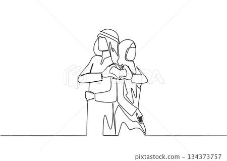 Single line drawing of a Muslim couple making a heart with their hands, symbolizing love, faith, and unity in marriage for National Loving Day, representing harmony, devotion, and emotional connection Single line drawing of a Muslim couple making a heart with their hands, symbolizing love, faith, and unity in marriage for National Loving Day, representing harmony, devotion, and emotional connection 134373757