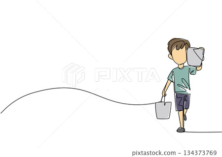 Continuous line drawing of a boy carrying water buckets, social concept for human rights. World Day Against Child Labor promoting safe childhoods, schooling, and eliminating exploitation in community Continuous line drawing of a boy carrying water buckets, social concept for human rights. World Day Against Child Labor promoting safe childhoods, schooling, and eliminating exploitation in community 134373769