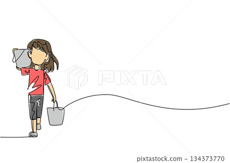 Continuous line drawing of a young girl carrying two heavy buckets, one on her shoulder and one by her side, front view. Showing physical strain of child labor. World Day Against Child Labor event 134373770