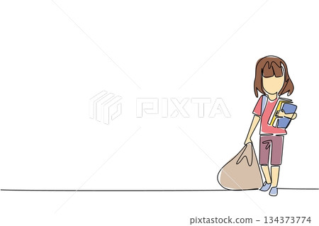 Single line drawing of a young girl carrying a large, heavy sack or bag while also clutching school books. showing forced choice between labor and education. World Day Against Child Labor event 134373774