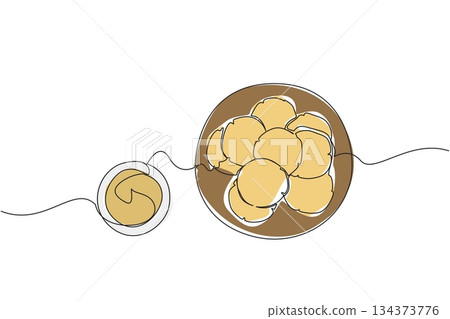Continuous line drawing of a plate piled high with round cookies next to a small bowl of creamy peanut butter dip, top view, emphasizing the main ingredient. National Peanut Butter Cookie Day event 134373776