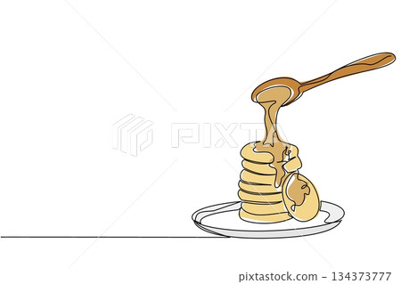 Single line drawing of stack of cookies on a plate, being drizzled with syrup from spoon. A rich, sweet breakfast or dessert. National Peanut Butter Cookie Day of treats sharing, and indulgent moments 134373777