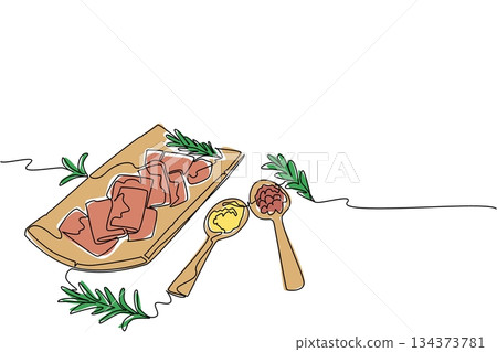 Continuous line drawing with color accents of jerky slices on a wooden board, garnished with rosemary and accompanied by two spoons of condiments, mustard and sauce. National Jerky Day snack event Continuous line drawing with color accents of jerky slices on a wooden board, garnished with rosemary and accompanied by two spoons of condiments, mustard and sauce. National Jerky Day snack event 134373781