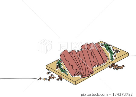 Continuous line drawing with color accents of neatly folded jerky slices on a wooden board, garnished with various herbs and spices, sophisticated and well-prepared snack. National Jerky Day event 134373782