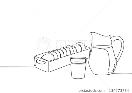 Single line drawing of sliced bread beside a milk jug and glass, representing comfort, breakfast, and homemade taste in a cozy food business concept for National Peanut Butter Cookie Day celebration. 134373784
