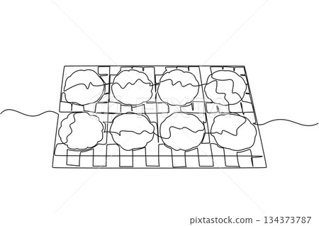 One line draw of freshly baked peanut butter cookies cooling on a rack, representing homemade delight, creativity, and baking joy in a culinary business concept for National Peanut Butter Cookie Day One line draw of freshly baked peanut butter cookies cooling on a rack, representing homemade delight, creativity, and baking joy in a culinary business concept for National Peanut Butter Cookie Day 134373787