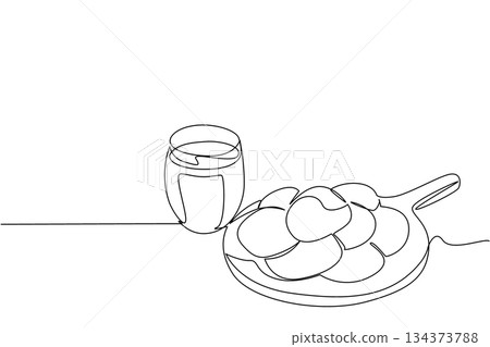 Continuous line drawing of peanut butter cookies served on a plate beside a glass of milk, symbolizing sweetness, nostalgia, and warmth in a food business concept for National Peanut Butter Cookie Day 134373788