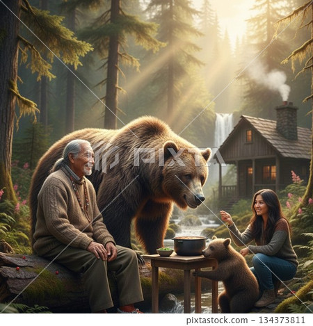 A human eating a meal together with a bear A human eating a meal together with a bear 134373811