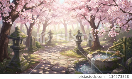 Cherry Blossom Garden with Japanese Stone Lantern and Fountain 134373828