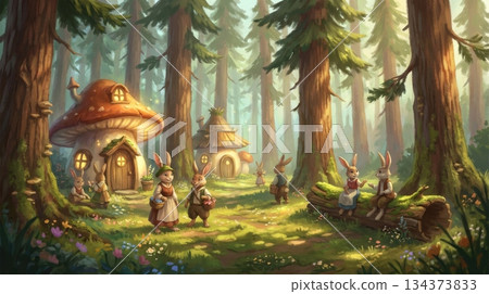 Tall Pine Forest with Sunlight, Tiny Mushroom Houses, and Rabbit Villagers 134373833