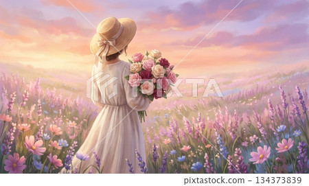 Pink-Purple Flower Field with Woman in Dress and Straw Hat Holding Roses Pink-Purple Flower Field with Woman in Dress and Straw Hat Holding Roses 134373839