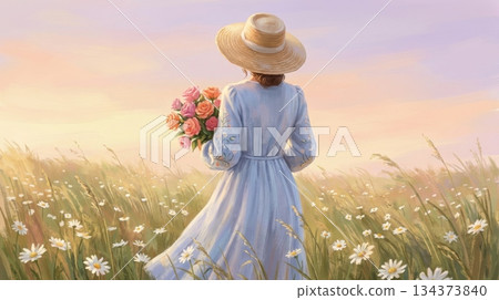 Pink-Purple Flower Field with Woman in Dress and Straw Hat Holding Roses Pink-Purple Flower Field with Woman in Dress and Straw Hat Holding Roses 134373840