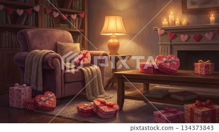 Living Room with Lamp, Candles, and Valentine Gift Box Living Room with Lamp, Candles, and Valentine Gift Box 134373843