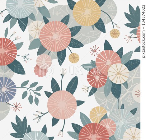 Vibrant floral pattern with colorful flowers and leaves on white Vibrant floral pattern with colorful flowers and leaves on white 134374022