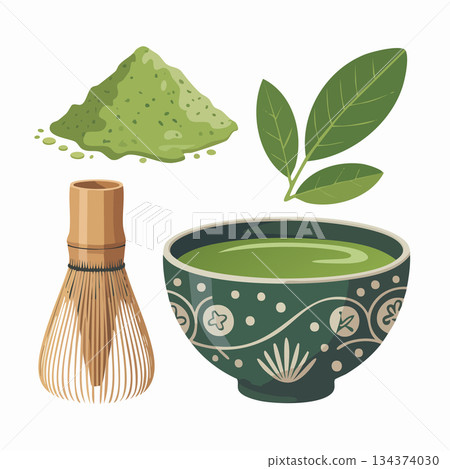Matcha green tea setup with powder and whisk Matcha green tea setup with powder and whisk 134374030