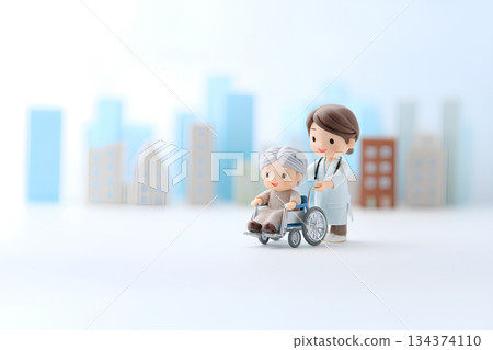 3D gentle walk scene of elderly people undergoing rehabilitation and caregivers / Mamio Design Welfare Series 134374110