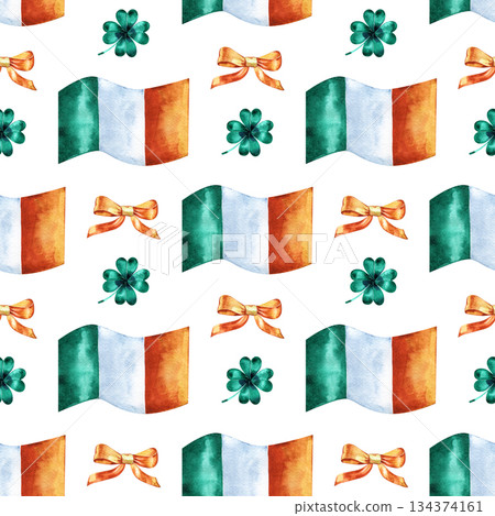 Seamless background with St. Patrick's Day symbols. Watercolor hand drawn illustration with irish flag. Holiday pattern. 134374161