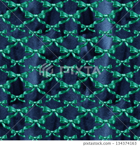 Watercolor satin green bow seamless pattern on white background. 134374163