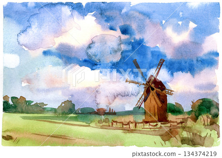 Watercolor landscape with an old wooden windmill on a green field Watercolor landscape with an old wooden windmill on a green field 134374219