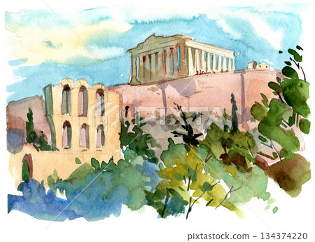 Acropolis of Athens. Watercolor painting Acropolis of Athens. Watercolor painting 134374220