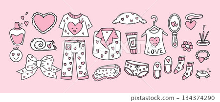 Cute Pink Outline Valentines Day Loungewear and Accessories Doodle Set. Isolated Girly Sleepwear Romantic Design Kit Collection. Vector Illustration. Not AI 134374290