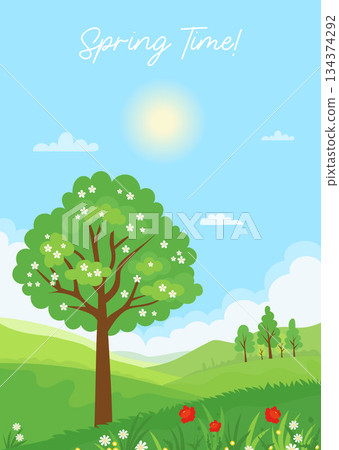 Spring time. Sunny landscape with flowering tree, Grass and blooming Wildflowers Red Poppy and White Chamomile. Seasonal Nature vertical poster background. Vector illustration. Not AI 134374292