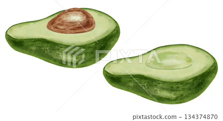 A set of hand-drawn watercolor illustrations of avocado halves, pitted and unpitted. Perfect for stores, cafes, packaging, menu, logos, and projects related to healthy eating and cosmetics. 134374870