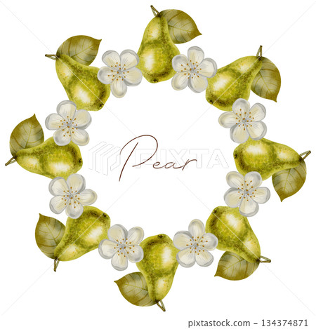 Watercolor botanical wreath featuring ripe pears, white blossoms, and green leaves. Perfect as a frame or logo element for wedding stationery, textile, packaging, and healthy food brands. Watercolor botanical wreath featuring ripe pears, white blossoms, and green leaves. Perfect as a frame or logo element for wedding stationery, textile, packaging, and healthy food brands. 134374871