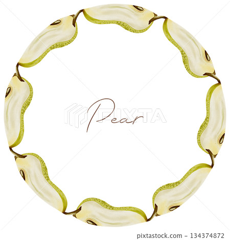 Watercolor circular wreath featuring pears. Fruit wreath. Perfect as an organic frame or logo for food packaging, textile prints, eco-friendly stationery, and kitchen decor 134374872