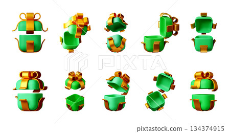 3D Set of open and closed green gift box 134374915