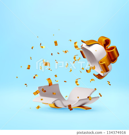 3D Open white gift box with bursting confetti 134374916