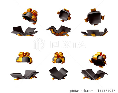 3D Black opened gift box with gold ribbon 134374917