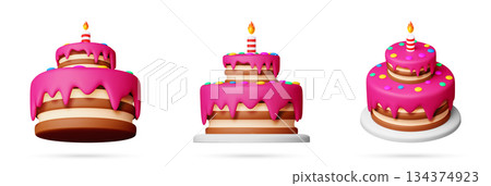 Three 3d cartoon birthday cake with pink cream Three 3d cartoon birthday cake with pink cream 134374923