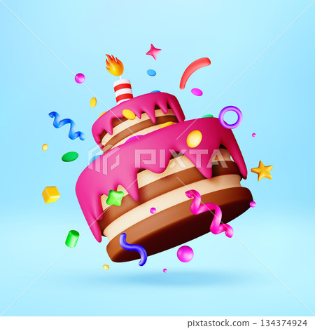3D Two tier birthday cake with confetti 3D Two tier birthday cake with confetti 134374924