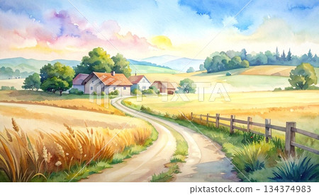 水彩風格的寧靜鄉村風景畫 水彩風格的寧靜鄉村風景畫 134374983